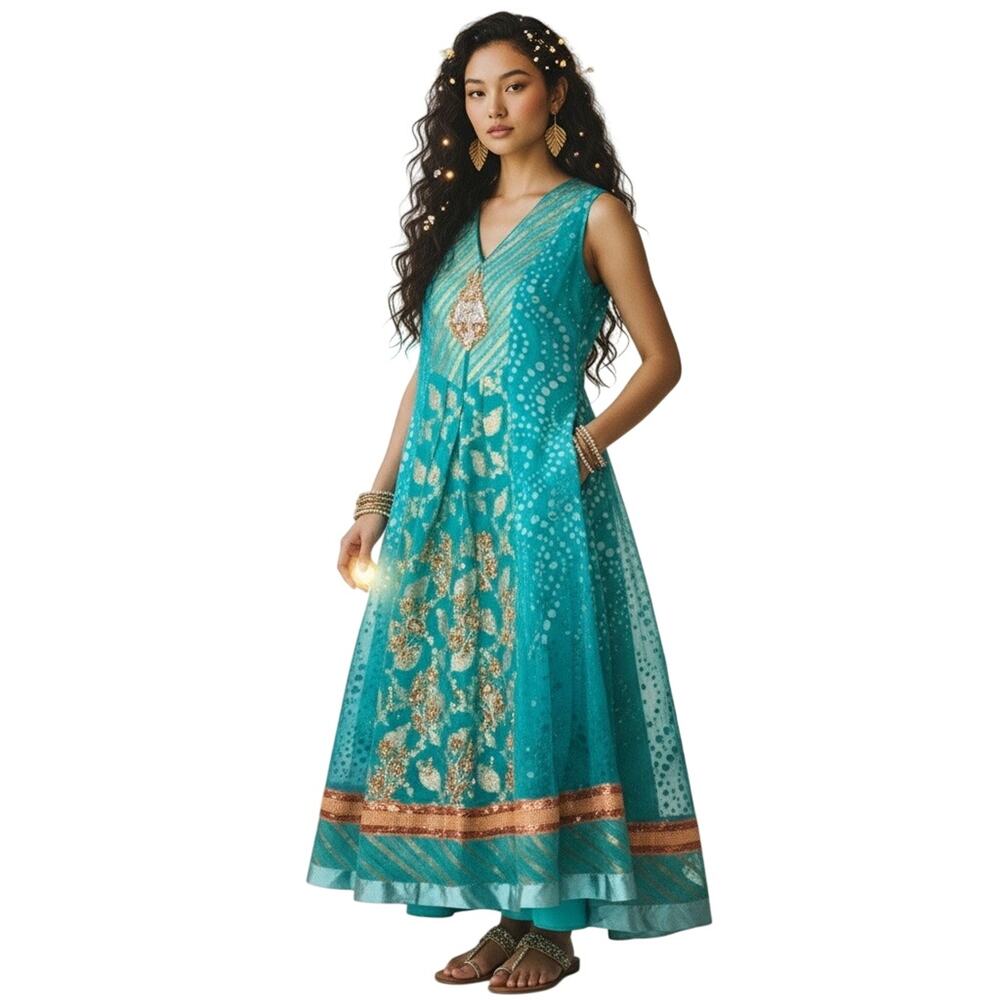 Vintage Fairycore Teal & Gold Anarkali Dress Sequin Beaded Metallic Pattern Midi